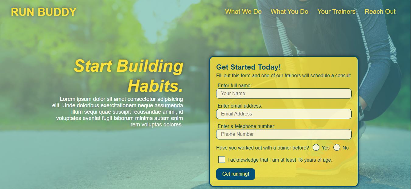 screenshot of main page of Run Buddy Website